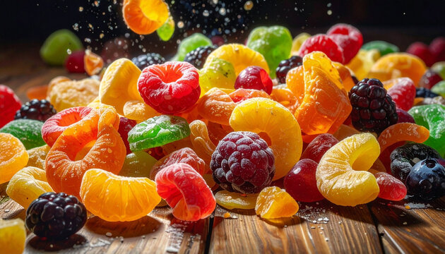 Colorful assorted gummy candies on wooden table