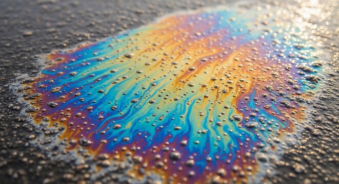 Rainbow oil slick on wet pavement with droplets