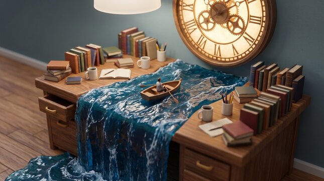 Generative AI surreal 3D illustration of a wooden desk turning into a waterfall where a tiny figure rows a boat surrounded by books and a large clock.
