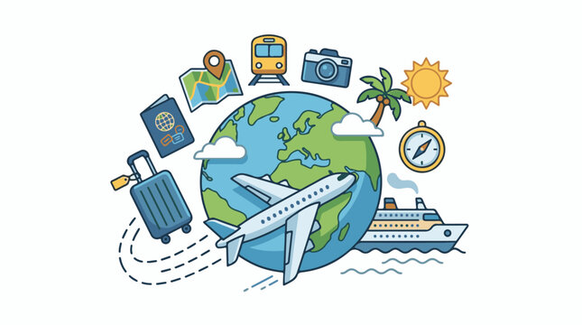 Global travel icons plane ship train passport map luggage camera
