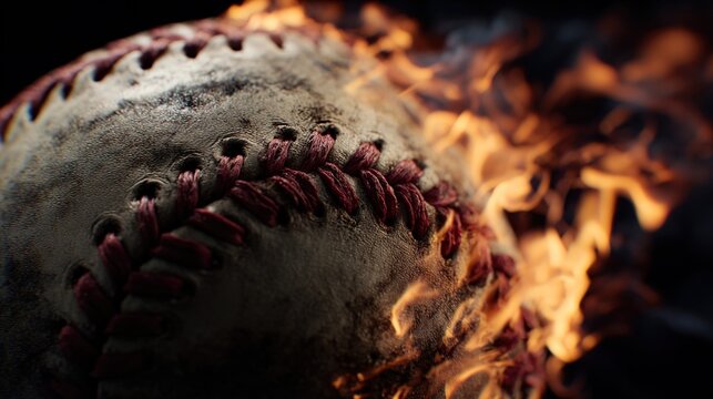void. A burning baseball floating in darkness, showcasing intense flames and dramatic contrast. event key visuals, club posters, designed for fitness apps and gym onboarding, boosts motivation.