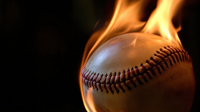 void. A burning baseball floating in darkness, showcasing intense flames and dramatic contrast. event key visuals, club posters, designed for fitness apps and gym onboarding, boosts motivation.