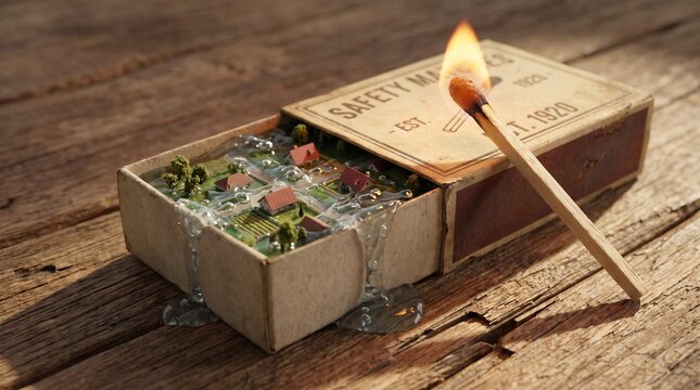 Conceptual 3D miniature diorama of a flooded town inside a safety matchbox with a lit match resting on it