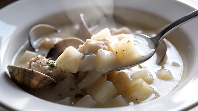 Clam Chowder Stirring Macro Close Up