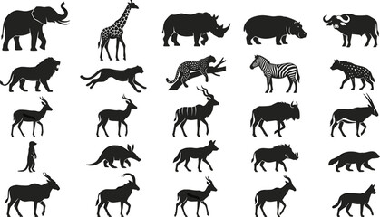African Safari Wild Animal Silhouette Icon Set Featuring Elephant Giraffe Lion Rhino Cheetah and Diverse Savanna Mammals © Farid