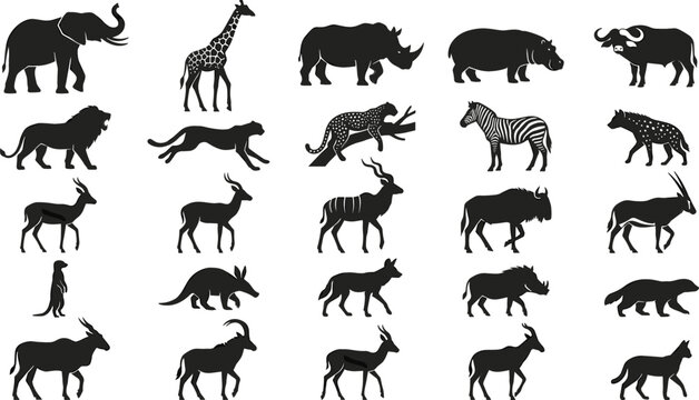 African Safari Wild Animal Silhouette Icon Set Featuring Elephant Giraffe Lion Rhino Cheetah and Diverse Savanna Mammals