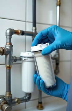 Hand in blue glove holds water filter cartridge near pipes. Technician changes filter element in home water purification system. Clean water concept for healthy life.