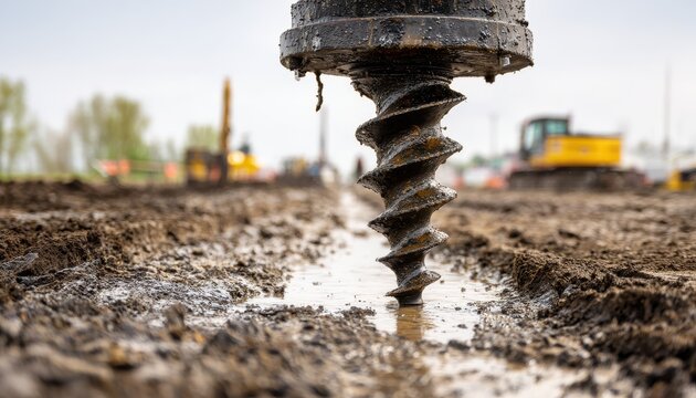 Close-up of Large Industrial Spiral Drill Bit Boring into Muddy Ground at Construction Site