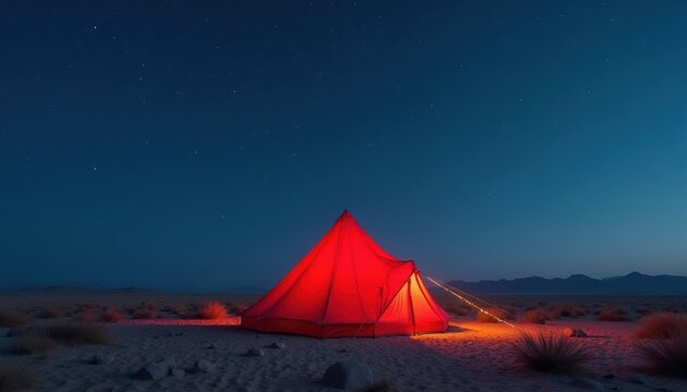 Red tent glows under starry sky in desert. Sparse bushes and rocks on sandy ground. Remote landscape at night. Adventure, camping, and solitude concept.