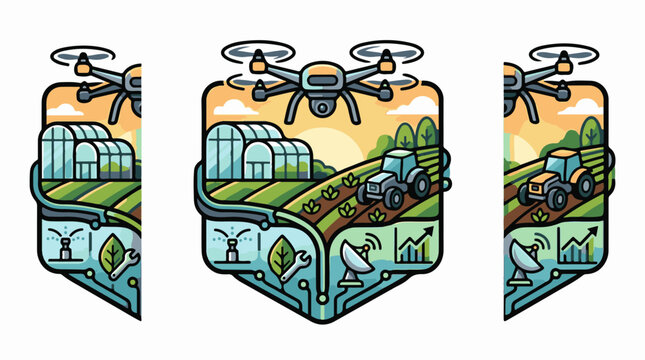 Futuristic farming with drones tractors and greenhouses