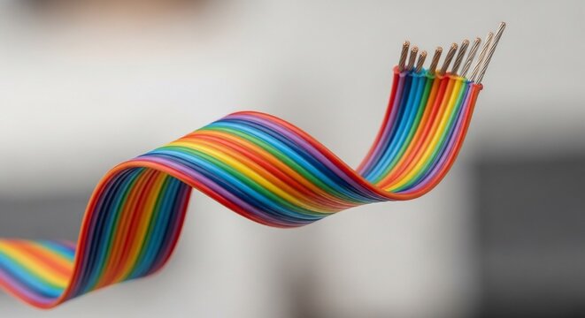 Multicolored rainbow wire cable with exposed copper conductors
