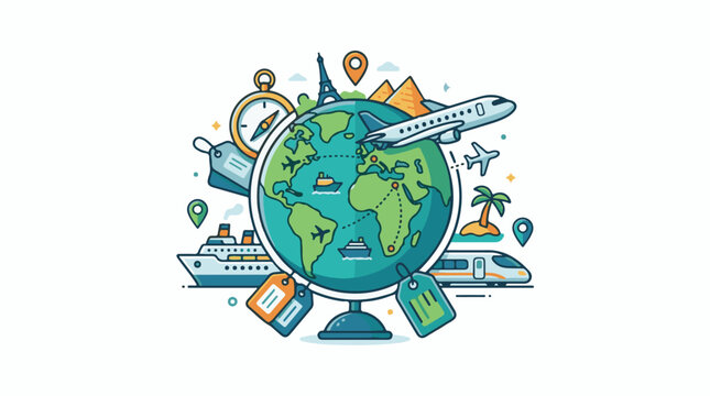 Global travel icons globe plane train ship compass tags landmarks