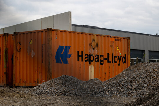 Hapag-lloyd shipping container at industrial logistics site