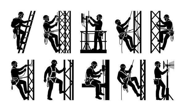 Telecommunication Tower Technician Silhouette Collection Set Icons