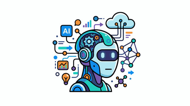 Futuristic robot head with AI data cloud and network connections