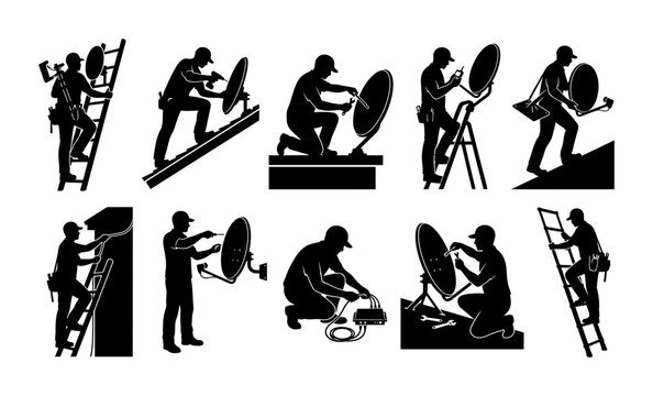 Satellite Dish Installer Technician Silhouette Vector Set