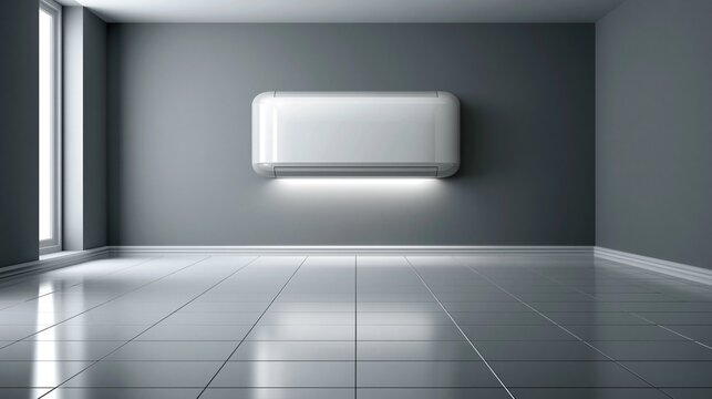 Modern white wall mounted air conditioner sits in empty minimalist gray room with tiled floor presents contemporary home cooling climate control solution