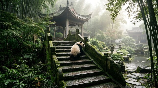 Panda bear walking up a stone bridge in a serene traditional garden