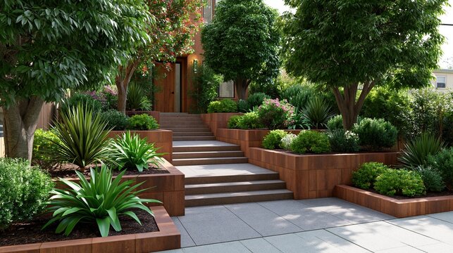 Modern front yard garden with tiered retaining planters filled with lush green plants and concrete stepping steps creates elegant contemporary landscape design