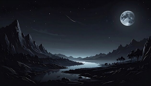 Pixel art night landscape with full moon, starry sky, mountains, and a calm lake, retro gaming aesthetic, atmospheric vista
