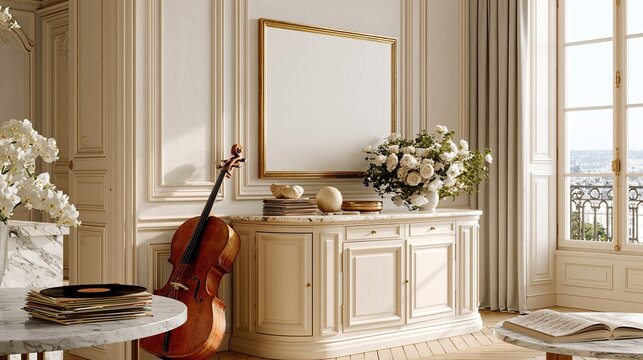 Empty gold picture frame in elegant classic parisian living room with wooden cello white floral arrangements and marble furniture creates luxurious vintage interior aesthetic
