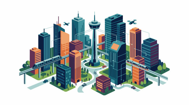 Futuristic isometric cityscape with monorail drones and tall buildings