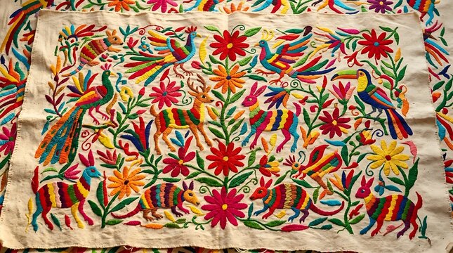 Vibrant mexican folk art textile with animals and floral patterns