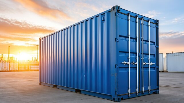 Standing blue shipping container on industrial port yard during warm golden sunset for global freight transportation and international logistics industry