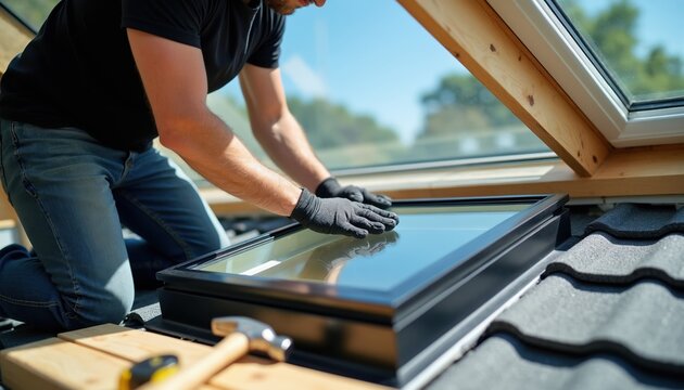 Worker installs modern skylight window on house roof. Man fits glass roof pane into wooden frame. Adds natural light and ventilation to attic space renovation.