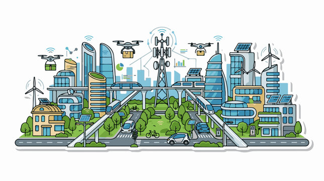 Futuristic green city with drones monorails and electric cars