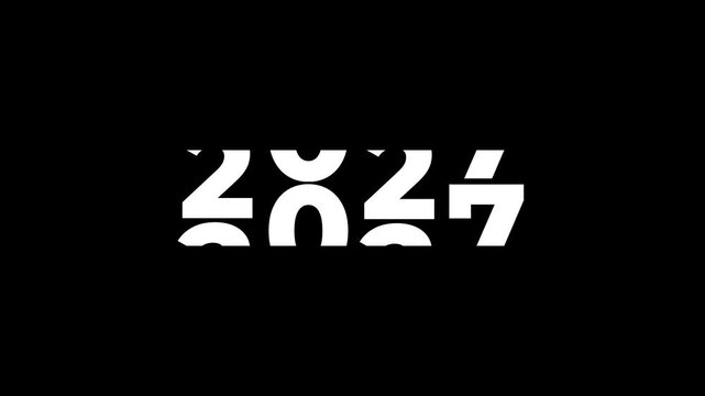 Happy New Year 2027 countdown animation. Minimalist white typography on black background. Spinning numbers transition to future concept. Digital odometer rolling effect.