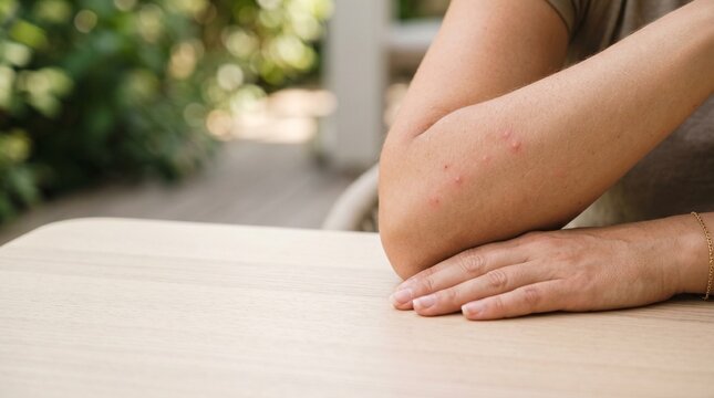 Woman's elbow with mosquito bites resting on wooden table outdoors  