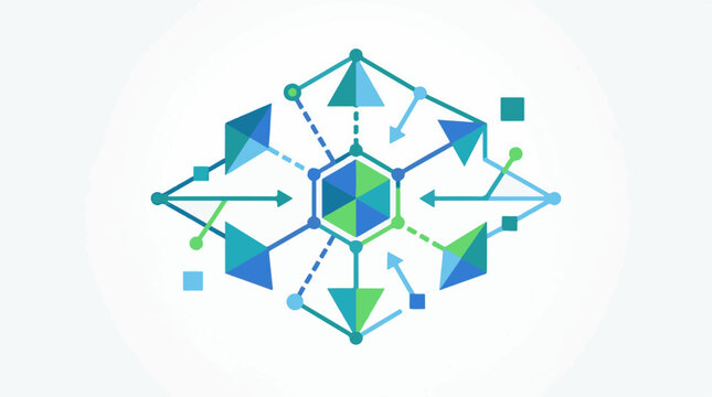 Geometric shapes connected by lines forming a web structure with arrows