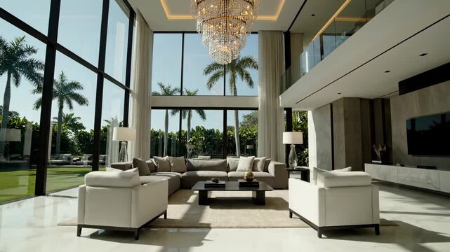 Luxurious Modern Living Room with High Ceilings, Marble Floors, and Tropical Palm Tree Views ideal for real estate marketing.