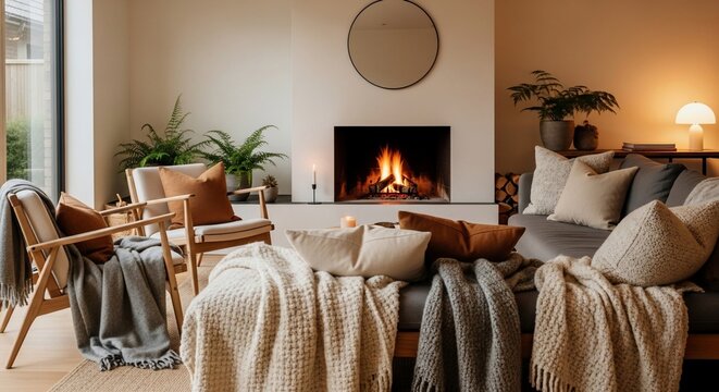 Cozy living room with fireplace and comfortable furniture