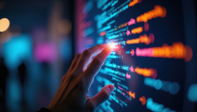Close-up of hand touching glowing computer code on dark screen. Person interacts with digital data streams. Futuristic tech interface with blue and orange text.
