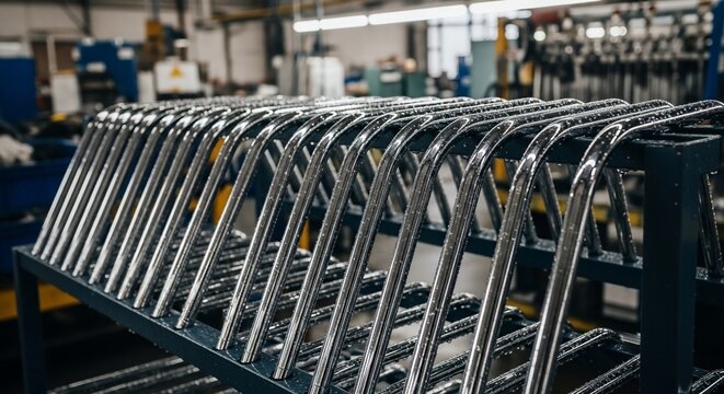 Metal chair frames on industrial rack in factory production line
