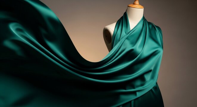 Green silk fabric draped on mannequin fashion design