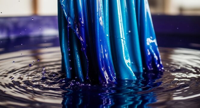 Blue liquid pouring into water creating ripples and splashes
