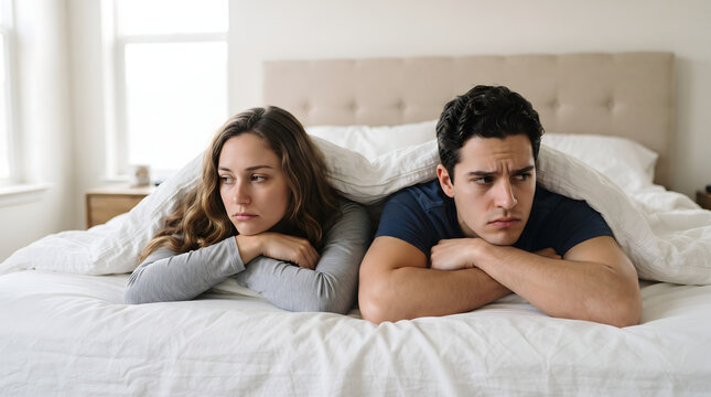 Upset young couple lying in bed under a blanket looking unhappy and ignoring each other after having an argument at home.