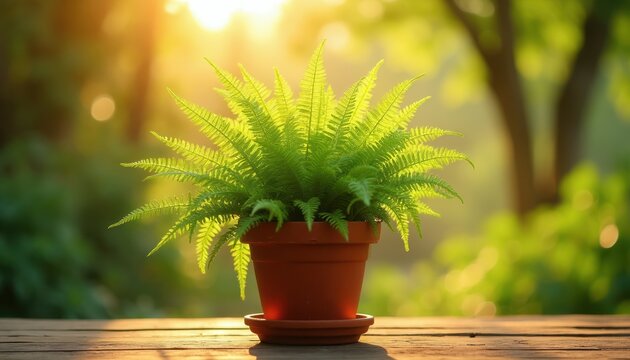 Green fern plant in terracotta pot sits on wooden surface. Soft golden sun rays illuminate plant. Lush foliage and blurred green garden background suggest tranquil nature scene.