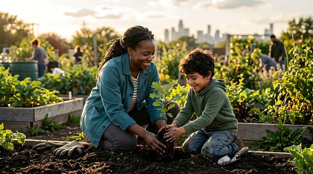 Mother and son planting a tree in an urban community garden
