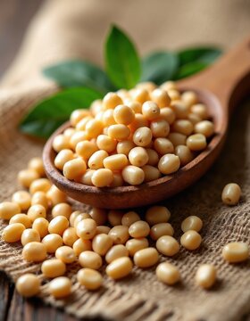 Wooden spoon holds light yellow soybeans on rough burlap fabric. Scattered beans and green leaves suggest natural harvest. Healthy food preparation concept.
