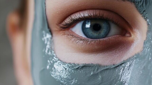 A detailed view of an eye peeking through a facial mask, emphasizing the skin texture and expression