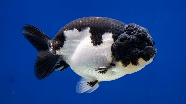 Black and White Ranchu Goldfish Swimming Isolated on Blue Background Panda Lionhead Fancy Goldfish Close Up, Generative AI