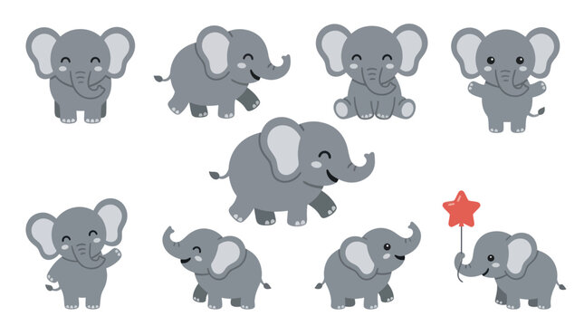 Small grey cartoon elephant characters in various poses.