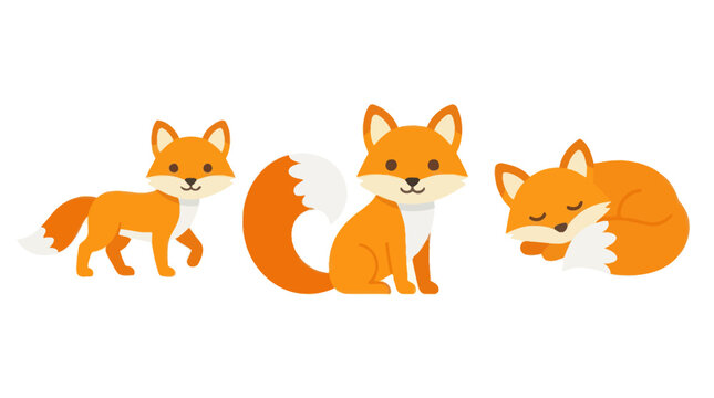 Three orange cartoon fox characters standing sitting sleeping.