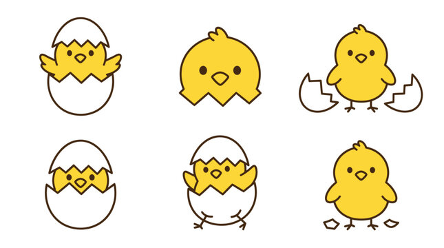 Yellow chick hatching from egg sticker set.