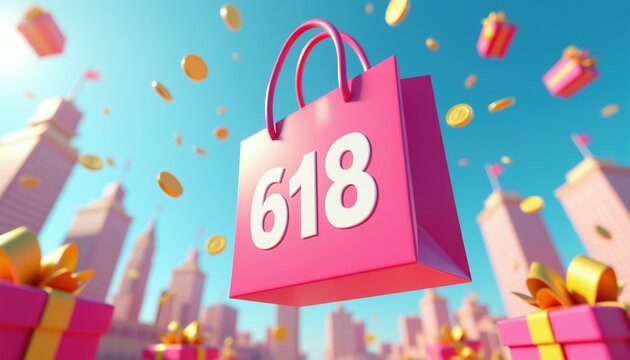 Pink shopping bag displays number 618 amidst falling gold coins and gift boxes. City skyline in background symbolizes big sale event. Online shopping promotion concept.