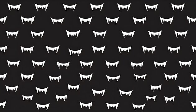 Repeating pattern of white vampire fangs with dripping effect, halloween theme, dark background, simple graphic design